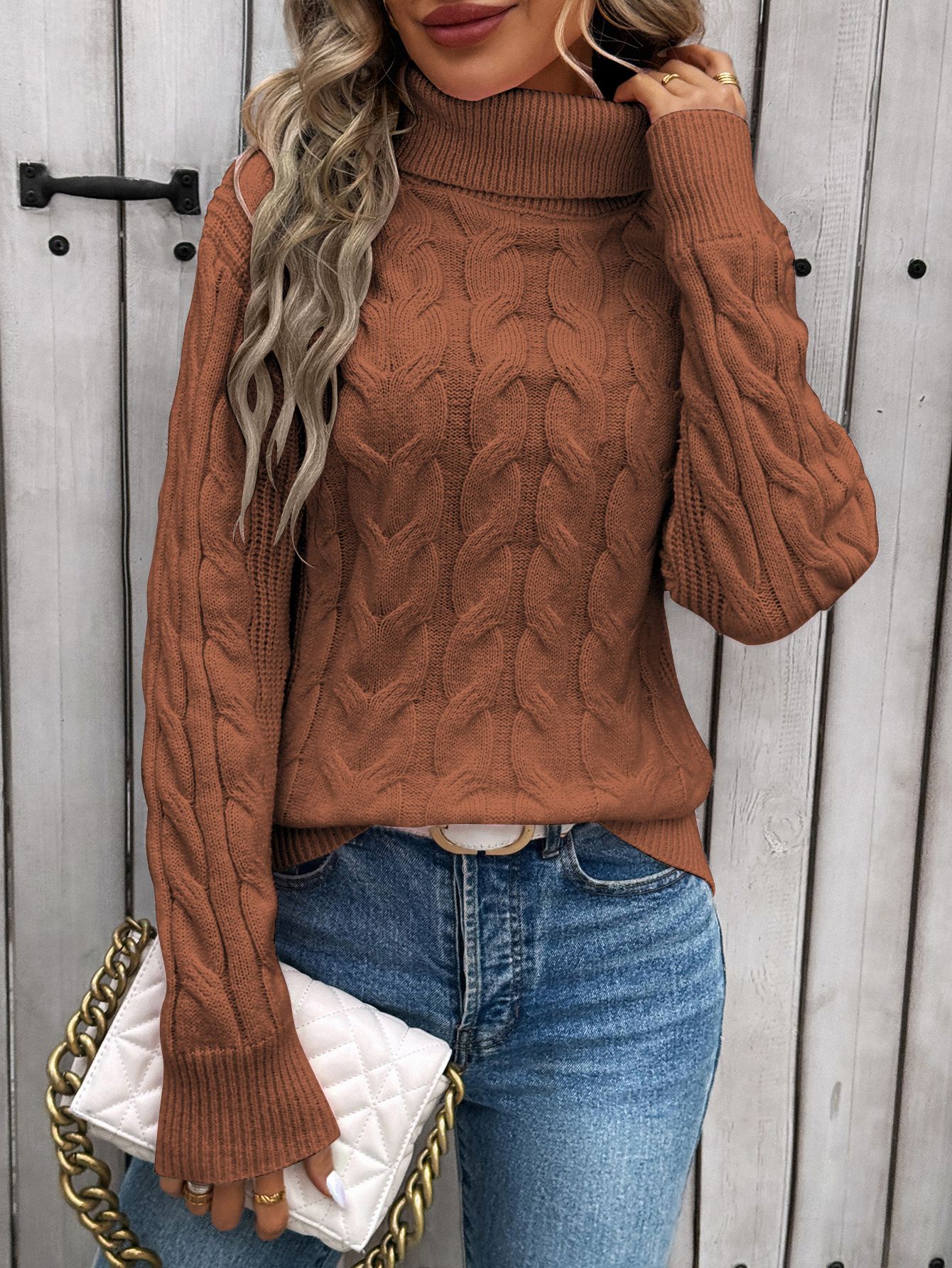 Suéter de punto trenzado de color sólido para mujer, estilo europeo y americano, otoño/invierno, cuello alto, manga larga, grueso, hecho a medida.