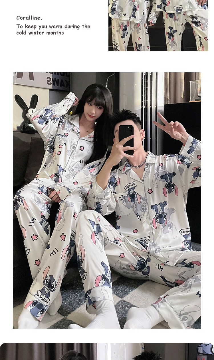 法米姿 情侣睡衣春秋冰丝长袖女薄款高级感款可爱男士夏季家