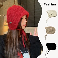 韩系纯色系带针织毛线飞行帽女冬季百搭显脸小护耳保暖滑雪雷锋帽