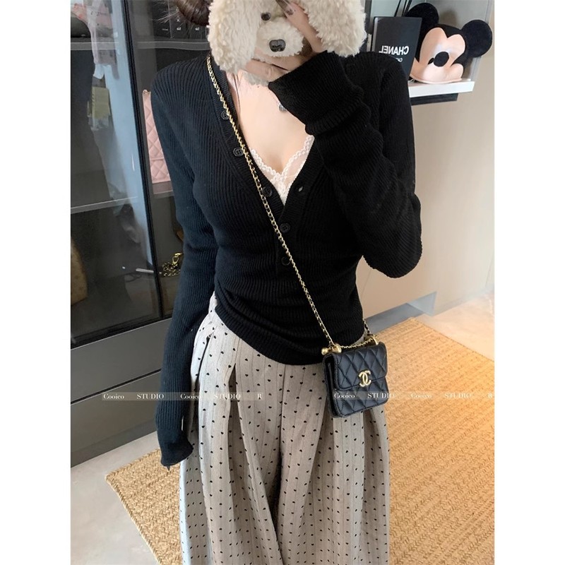 网红甜辣风深纯欲针织衫上衣女秋冬纽扣半开领紧身毛衣打底内搭|undefined