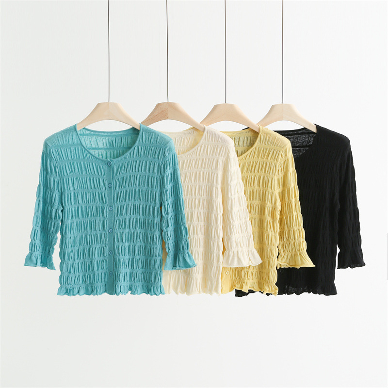 Autumn silk wool textured pleated lace knit cardigan with ruffled edges, round neck, three-quarter sleeves, CP6983