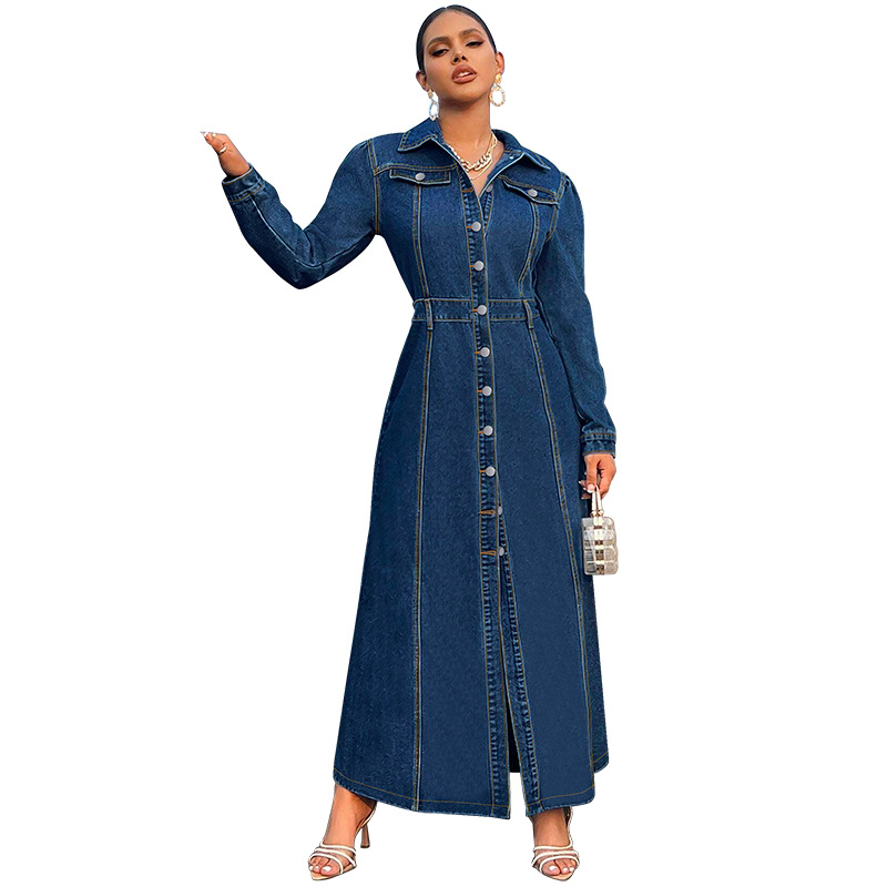 708g Weight Maxi Long Dress Dress Length Type Long Sleeve Sleeve Length Denim Dress Dresses Type Cotton (more than 30%), Denim Fabric Type High Waist Waist Line Holiday, Street Occasion Turndown Neckline Slim Fit Type Solid Color Pattern Spring, Autumn Season Women's Gender Streetwear Style Wholesale Women's Streetwear Solid Color Holiday Street Turndown Long Sleeve Denim Dress 12