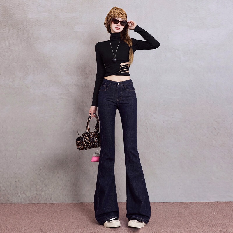 Dark blue autumn straight-leg jeans for women, high-waisted, stretchy, slimming, fitted flared pants, dark blue long pants by Yichun Dark blue autumn straight-leg jeans for women, high-waisted, stretchy, slimming, fitted flared pants, dark blue long pants by Yichun
