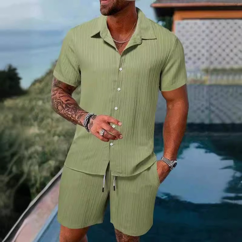 유럽과 미국의 국경 간 여름 아마존 남성 셔츠 캐주얼 느슨한 반팔 반바지 해변 캐주얼 세트