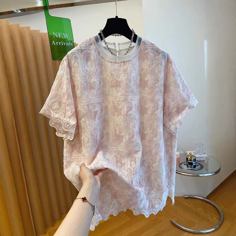 European-Style Plus-Size Lace Jacquard Short-Sleeve T-Shirt for Women, Summer New Style, Loose Fit, Slimming, Stylish Blouse Top for Women