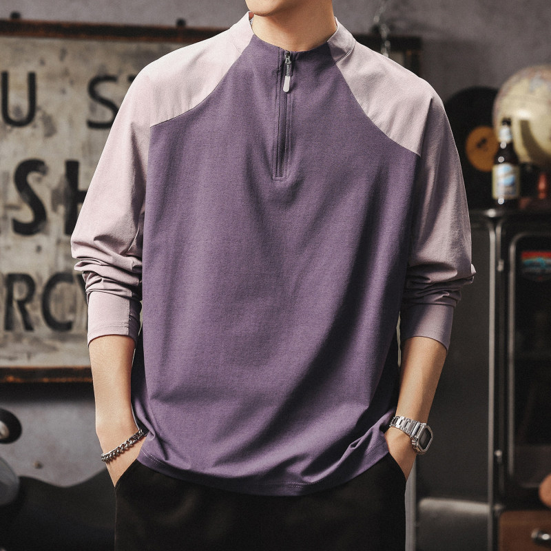 Trendy outdoor sports quick-dry long-sleeve T-shirt for men, autumn half-zip patchwork commuter couple style loose top