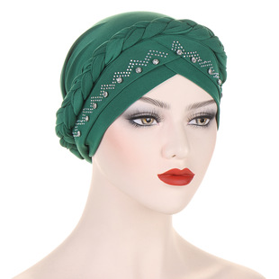 Cross-border new European and American Four Seasons rhinestone solid color beaded braid cap forehead rhinestone headscarf cap toe cap