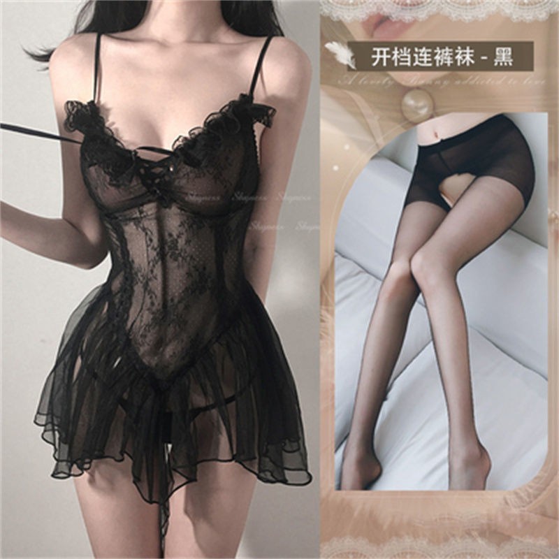 Women’s Lace Mesh Perspective Nightgown with Sling and Open-Crotch Detail, Black, One Size — detail image 11