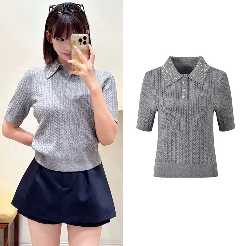 2025 Autumn New Rhinestone Decorated Polo Collar Cable Knit Short Sleeve Slim Fit Knitwear Top 2025 Autumn New Rhinestone Decorated Polo Collar Cable Knit Short Sleeve Slim Fit Knitwear Top