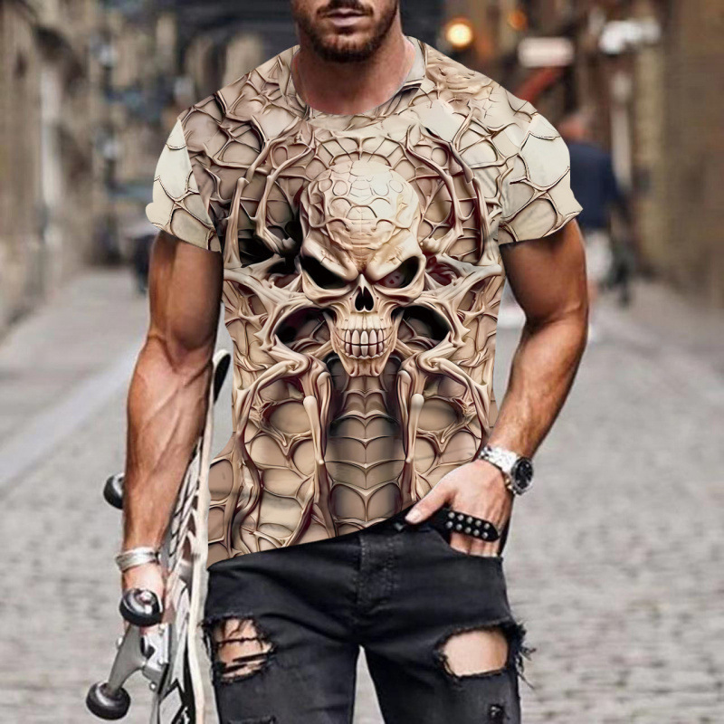 Temu Cross-Border Hot Selling Skull Armor Men's T-Shirt 3D Printing Fashion Trendy Printing Round Neck Short-Sleeved Direct Sale