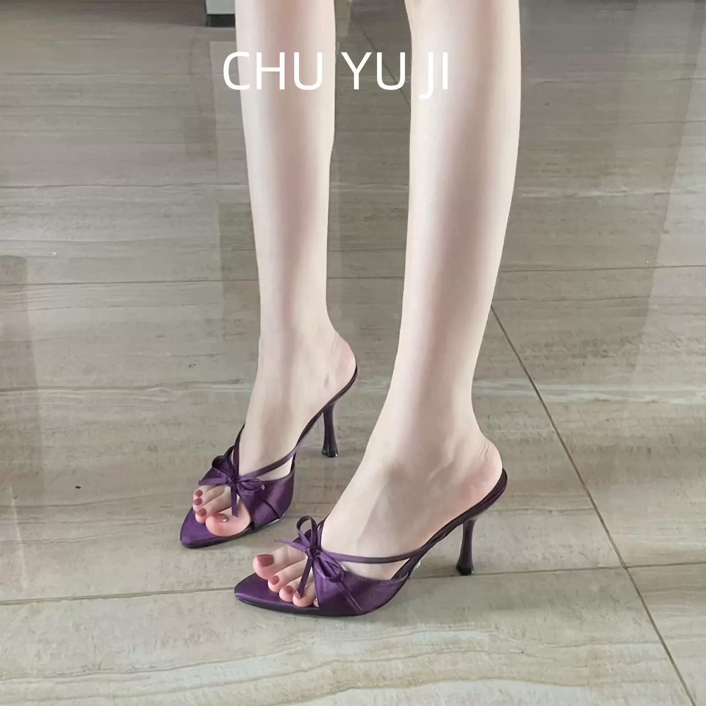 初遇季2025新款蝴蝶结绸缎高跟凉拖女气质法式外穿拖鞋女鞋夏