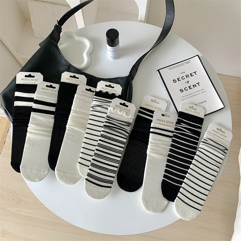 2023 spring and summer new socks women's black and white mesh straight heel-free thin pile socks women's hollow women's socks