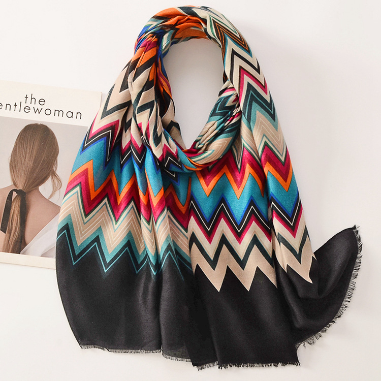 Estilo étnico retro geométrico colorido letras V algodón y lino sensación bufanda de seda suave deshilachada viaje decorativo chal