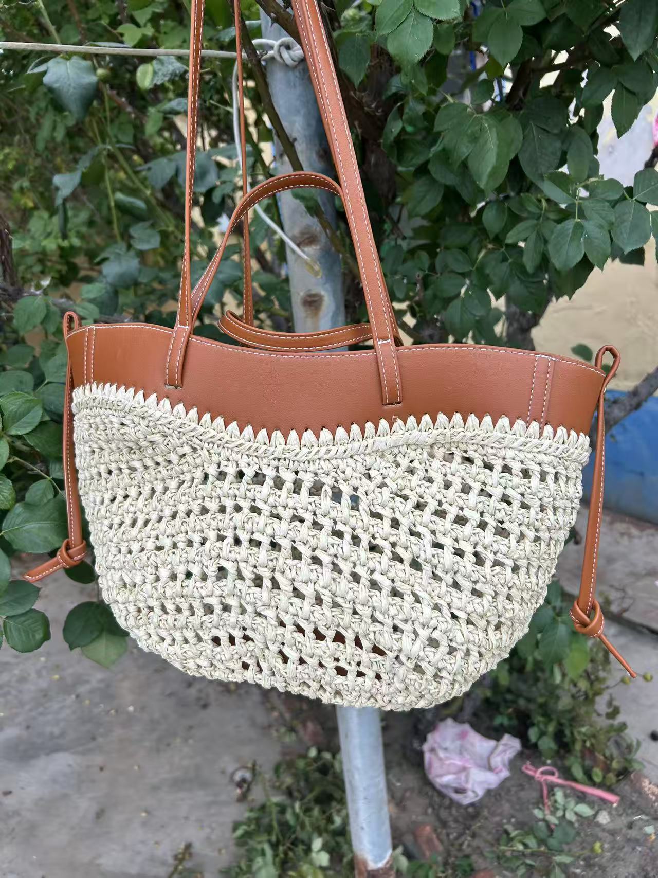 Niche Design Casual Straw Woven Tote Bag For Women New Leather Splicing Woven Bag Summer Beach Vacation Handbag - Thumbnail 6