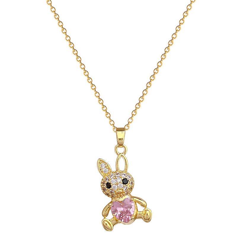 Ensemble collier et boucles d'oreilles en acier titane, luxueux pendentif lapin aux longues oreilles entièrement serti de diamants, bijou de soirée unique et élégant_voghion.com