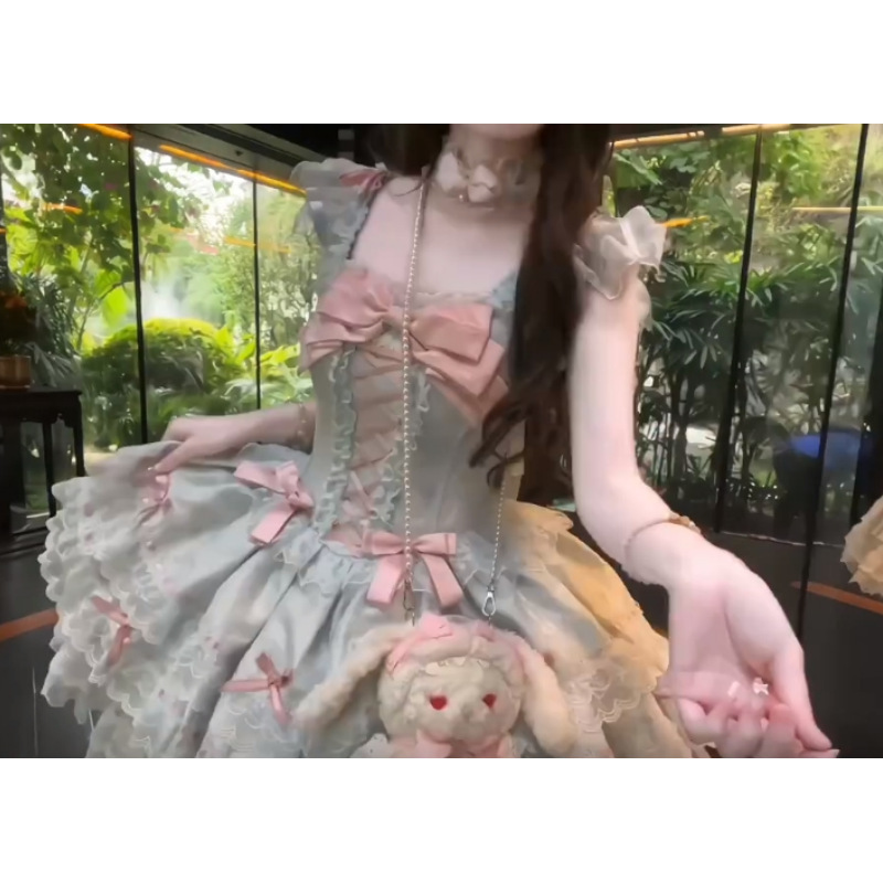 甜美可爱Lolita蝴蝶结飞飞袖连衣裙夏季新款洋气减龄收腰公主裙女|undefined