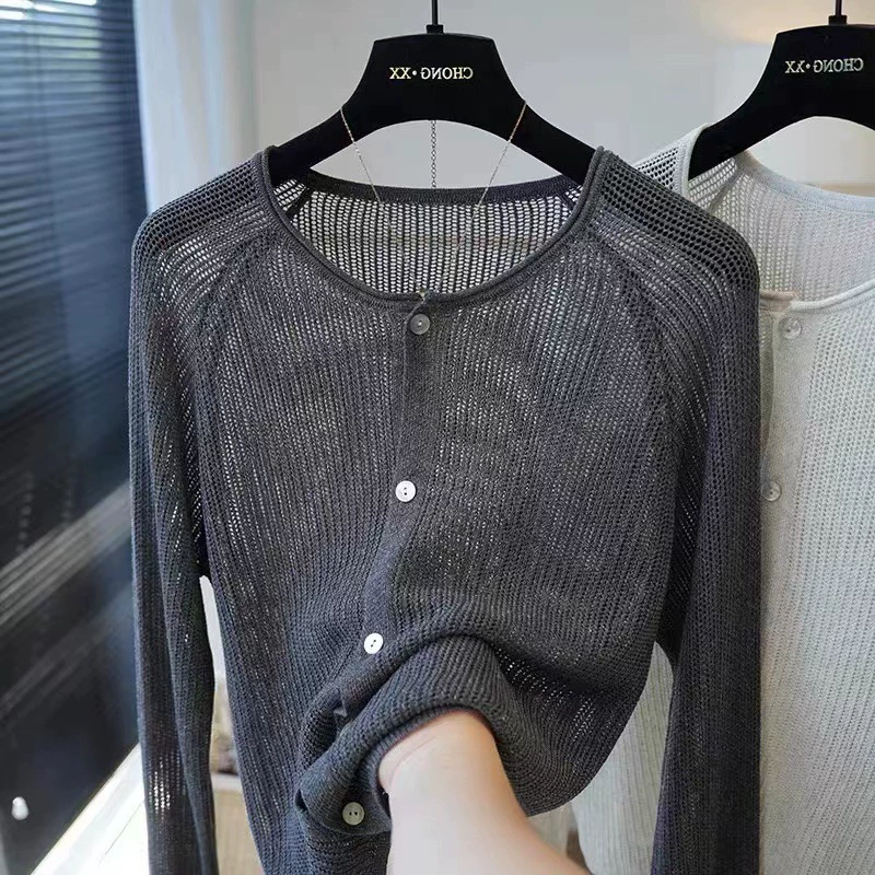 Тонкая полая рубашка с длинными рукавами Tencel для защиты от солнца, Свободный Повседневный простой Универсальный шикарный вязаный кардиган с длинными рукавами