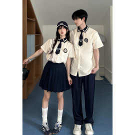 实拍情侣装夏季学院风男女短袖衬衫套装中小学生班服 毕业照