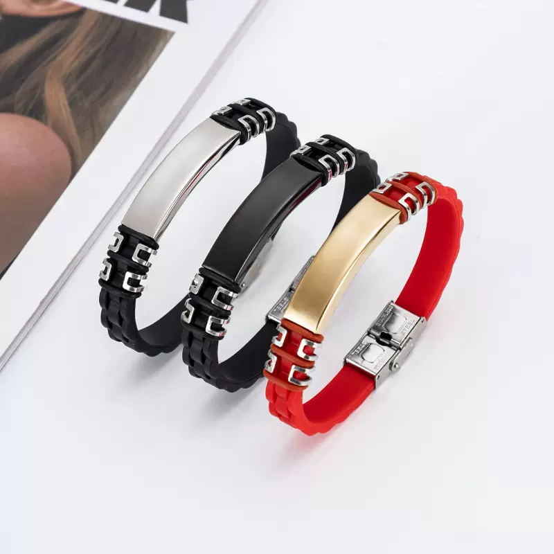 欧美新款朋克嘻哈硅胶运动手环情侣个性刻字简约时尚不锈钢手链