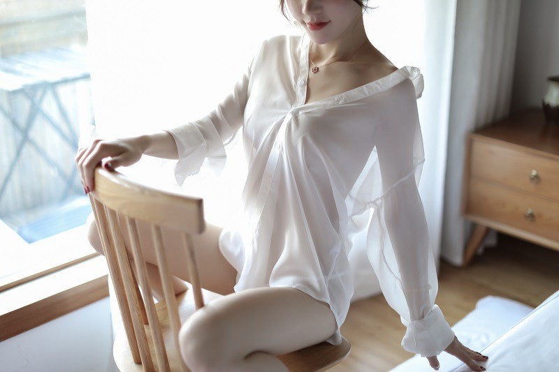 Sheer Chiffon Boyfriend Shirt Lingerie for Women, White Costume Uniform, One Size — detail image 1