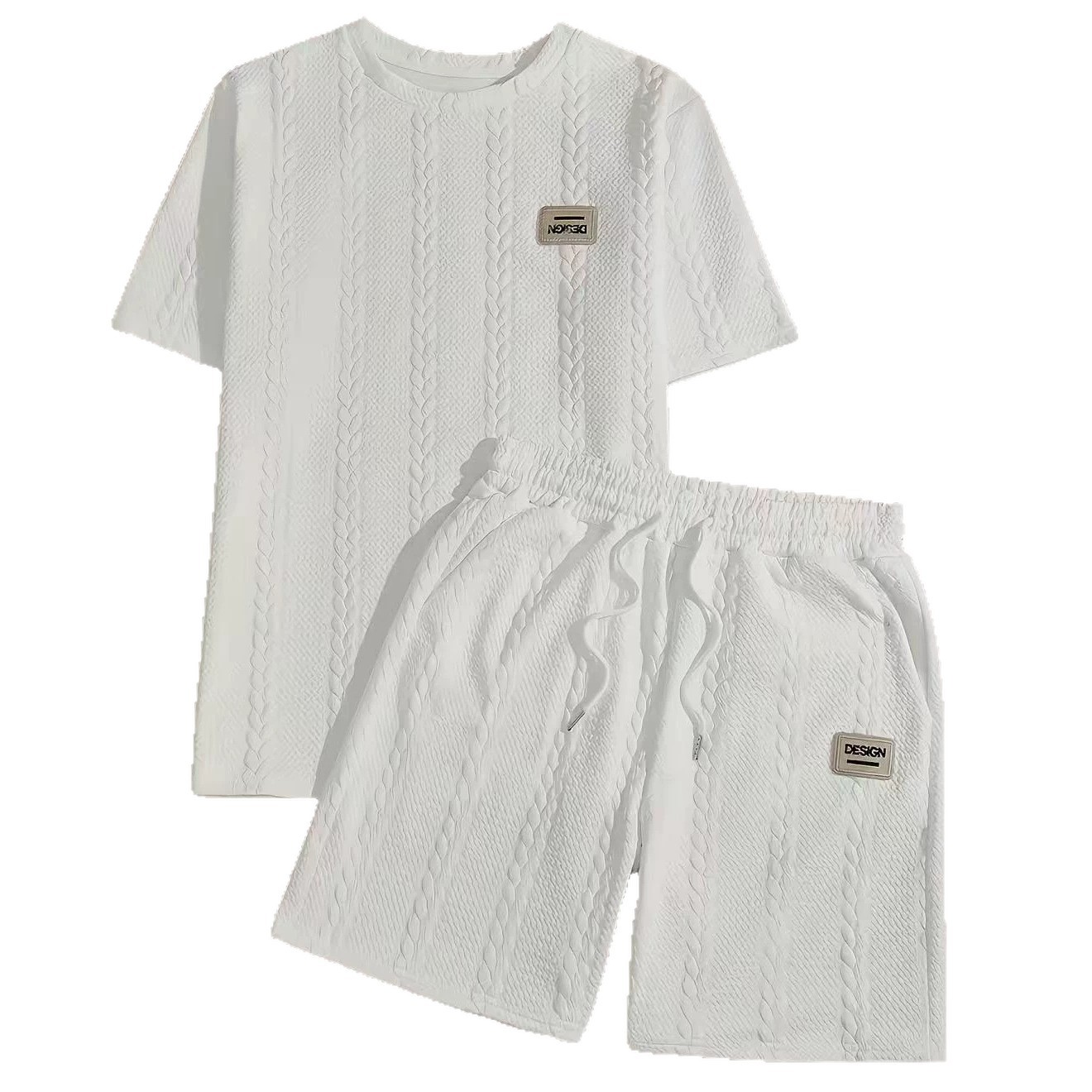 Herenset bestaande uit een coole jacquard T-shirt met korte mouwen en een short, lichtgewicht zomerkleding voor casual en actieve bezigheden._voghion.com