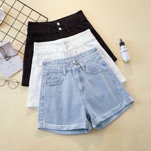 2024 Curl Denim Shorts Women's A- shaped plus size Loose Wide Leg chubby girl Light Color High Waist Slimming Design Hot Pants