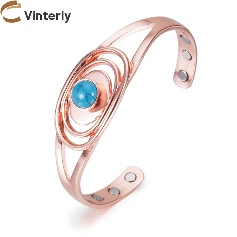 Manufacturer's In-Stock Direct Wholesale Red Copper Bracelet with Three Layers of Circles and a Blue Stone in the Middle, Magnetic Red Copper Bracelet with Adjustable Opening