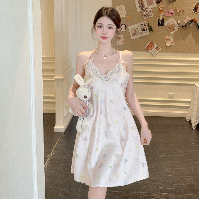 2025 verano hielo y nieve pijama de seda chica pura libido de viento esling arco de encaje impresión pijama ropa de hogar sexy