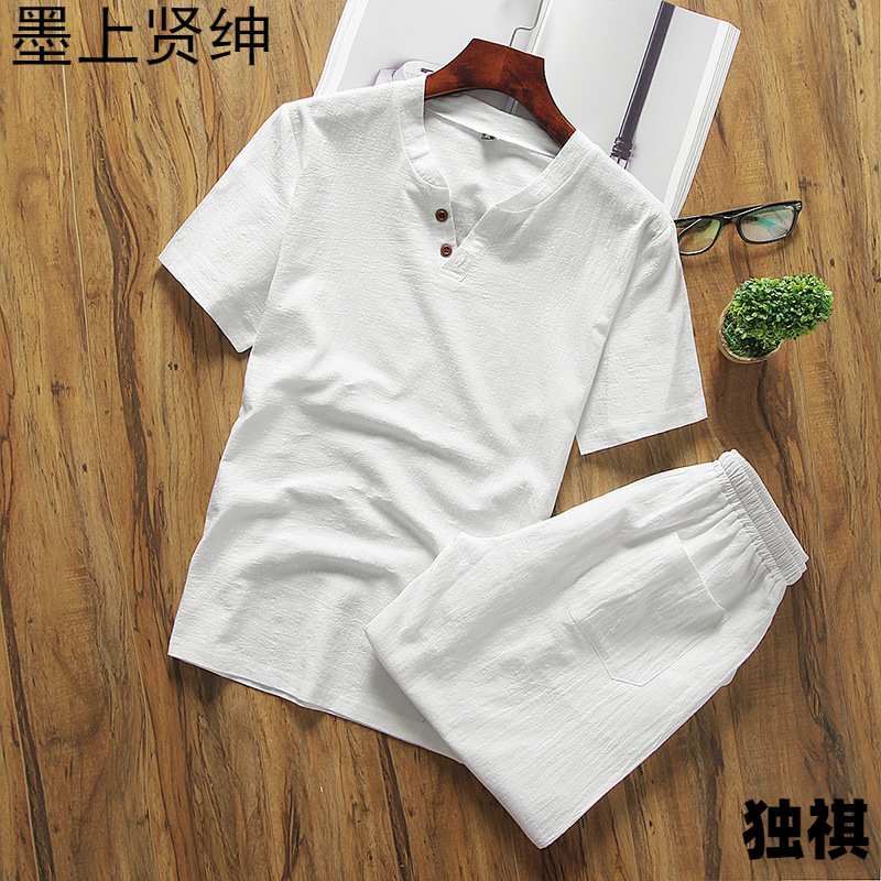 Camiseta de lino de manga corta traje deportivo de verano para hombre