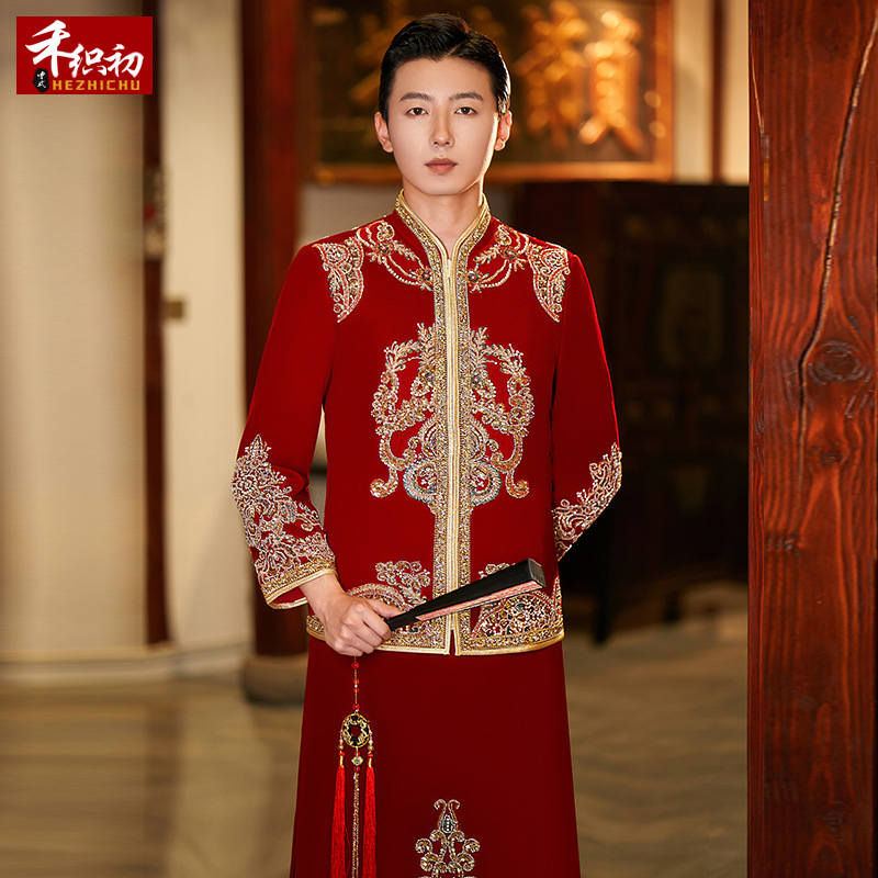 Red Xiuhe Suit for Men, High-End Chinese Wedding Attire, 2025 New Velvet Groom's Wedding Outfit for Autumn and Winter