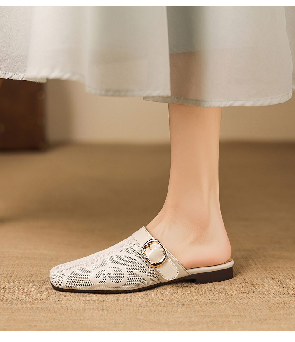 Dép sandal nữ mũi trùm đế bệt chất liệu da bò lưới sợi phong cách Muller — đen chi tiết 13
