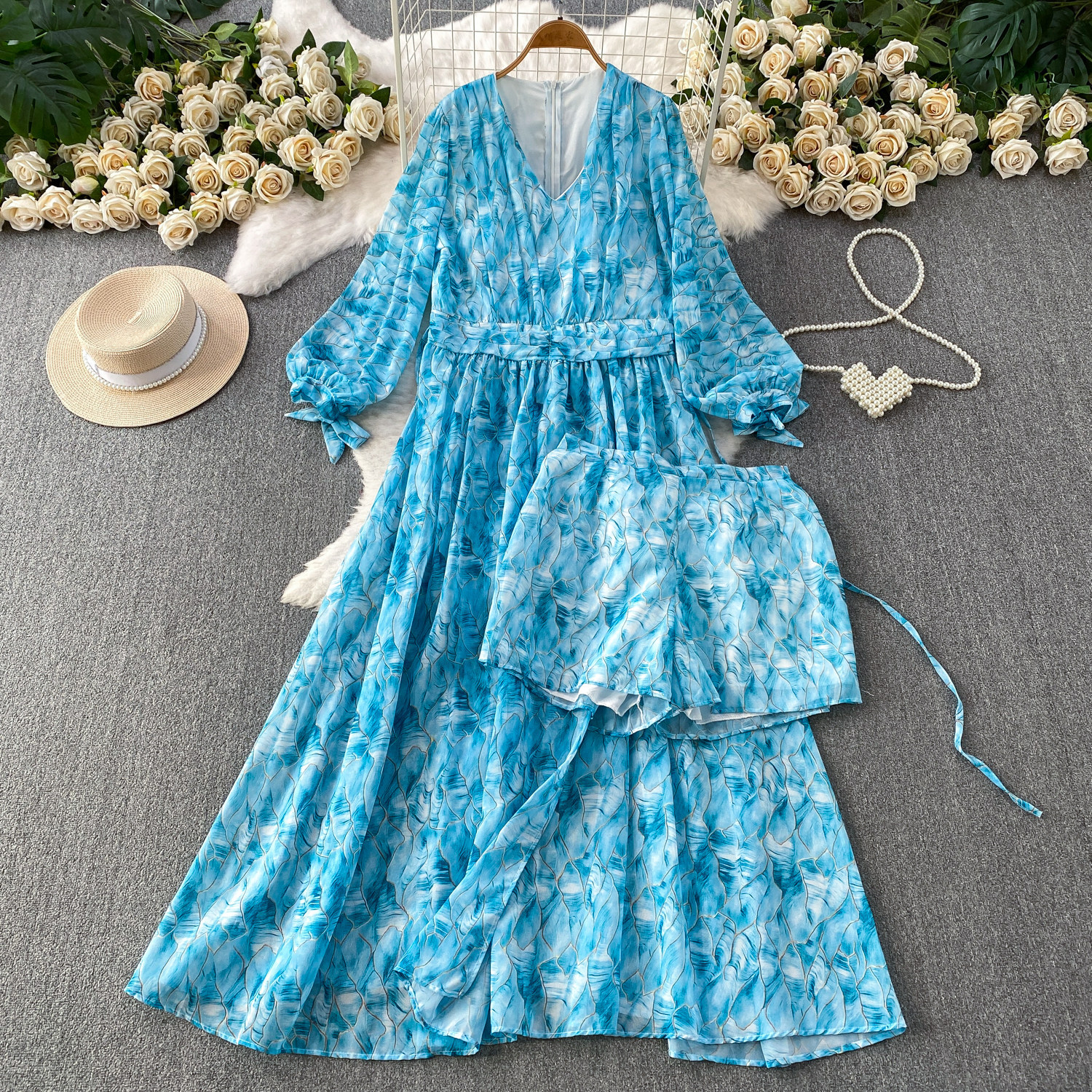 Women's French Style Chiffon Floral Print Dress Summer Korean Tie Waist Long Sleeve Slimming Maxi Dress Perfect With Leggings_ecoleips.com