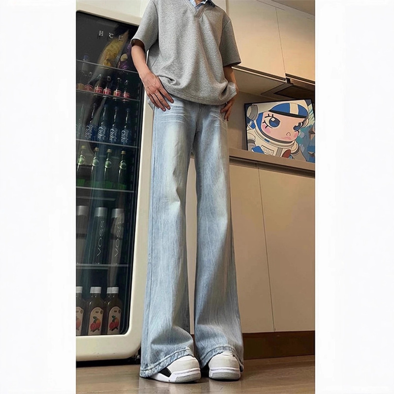 American Vibe Pants High Street Washed Distressed Spring and Autum Bamboo Pattern Jeans Men's Tall Slightly Flared Pants