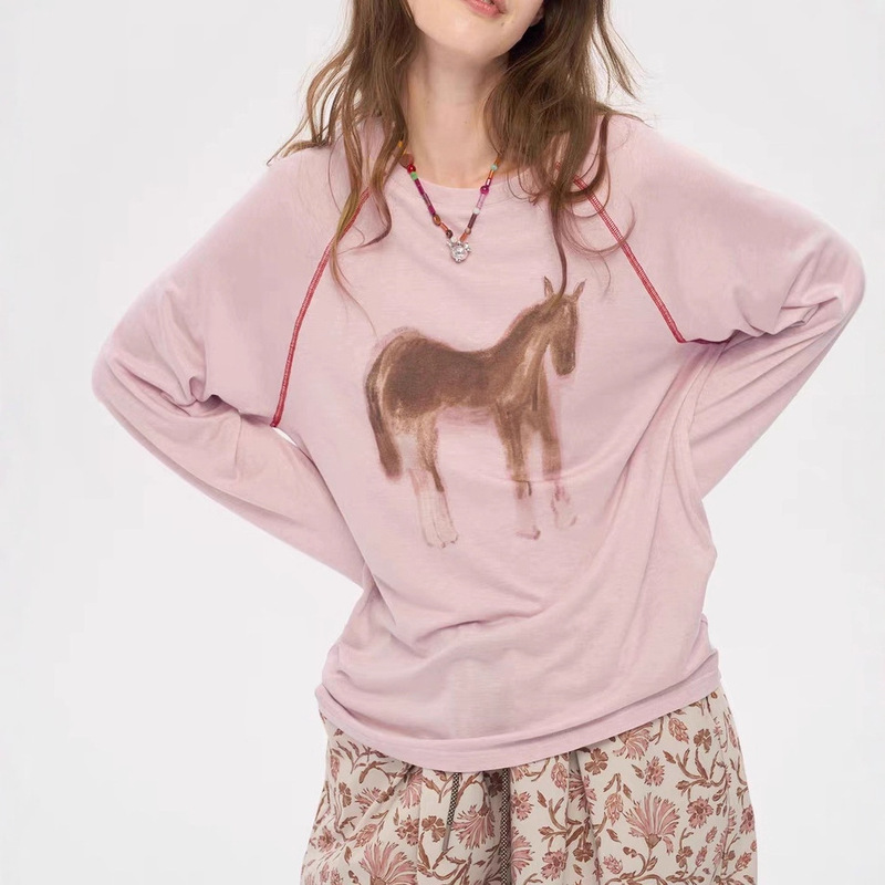 { Local Tag } Pol Pony Hand-Painted Printed Decorative Thread Raglan Sleeve Top Round Neck Loose Long Sleeves
