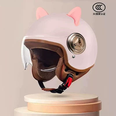 Motosiklet kaskı (dəbilqə), Safety Helmet, Half Helmet, Full Helmet - 801-new-national-standard-class-a-3c-certification-soft-mist-powder-short-lenses-pink-rabbit-ears-free-size