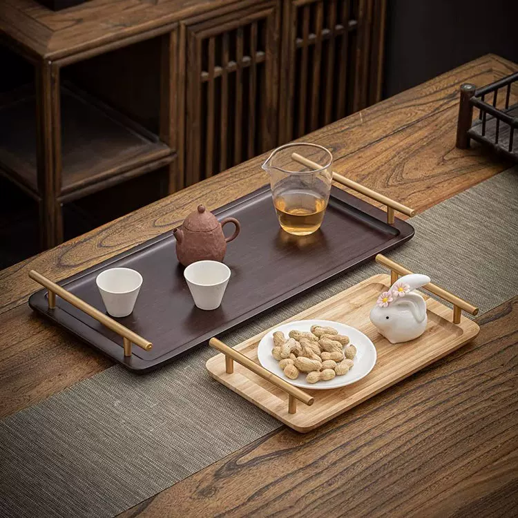 竹托盘长方形家用餐盘木质甜品点心盘酒店茶盘胡桃色带把手水果盘