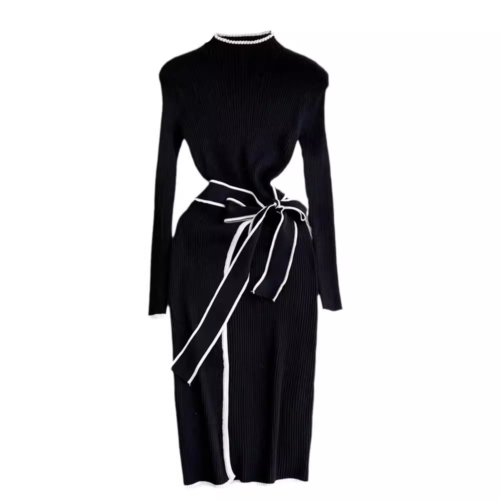 Dámske šaty s dlhým rukávom, stojatým golierom a zoštíhľujúcim pásom, stredne dlhé a dlhé, pletené, so šnurovaním a spodným dielom na bokoch_voghion.com