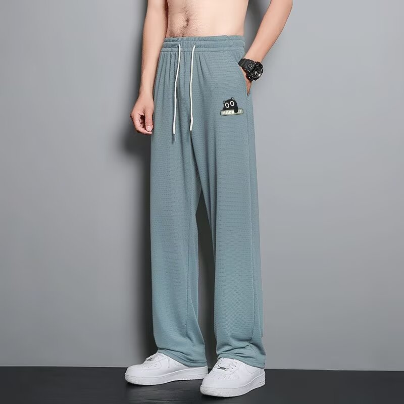 Pantalones casuales delgados de verano, pantalones casuales de hombre, impresión negra, pantalones deportivos rectos de tamaño grande, 2025 nuevos
