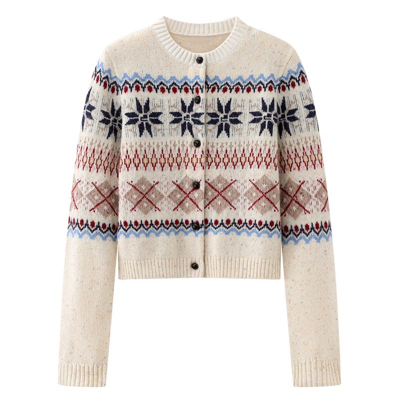 In Stock 2025 Winter Women's Casual Fashion Retro Jacquard Versatile Commuter Slim-Fit Knit Cardigan 3J4E562