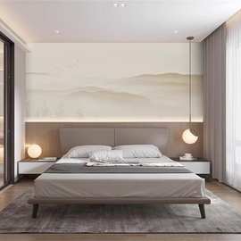 大型壁画现代新中式山水画轻奢卧室沙发背景墙布酒店民宿壁纸床头