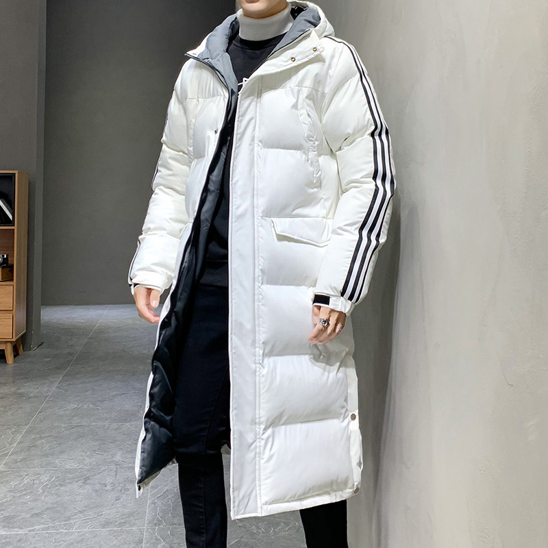Long down cotton-padded coat men's trendy winter New Three bars thickened youth hooded fashionable Korean style coat men