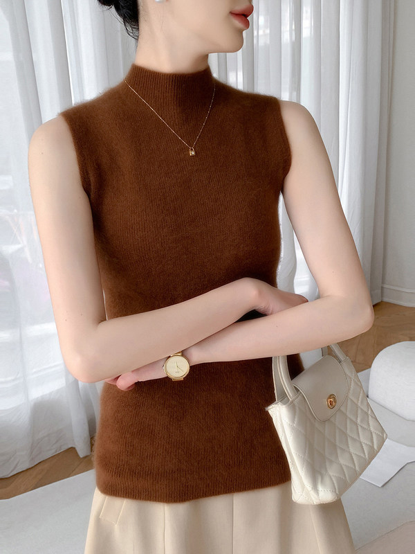 Z.M.R Baby Cashmere 12-Gauge Half-Turtleneck Sleeveless Knit Top for Women, Tight-Fitting Inner Layer Base Shirt