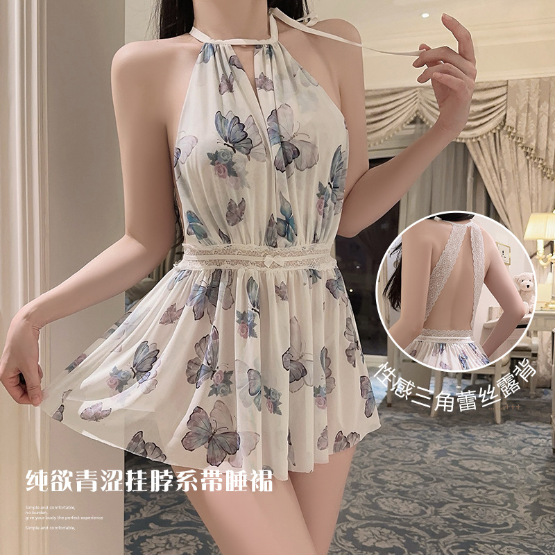 Guiruo 브랜드 속옷 순수한 욕망 달콤한 나비 프린트 섹시한 핫 로우 컷 홀터넥 메쉬 잠옷 세트 5181