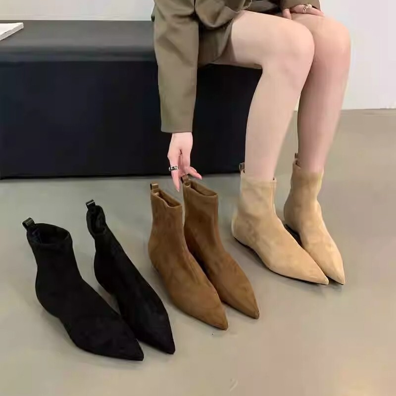 European and American 2025 Autumn and Winter New Simple Frosted Suede Flats Socks Boots with Inner Heightening Slim Boots Elegant Pointed Toe Short Boots European and American 2025 Autumn and Winter New Simple Frosted Suede Flats Socks Boots with Inner Heightening Slim Boots Elegant Pointed Toe Short Boots