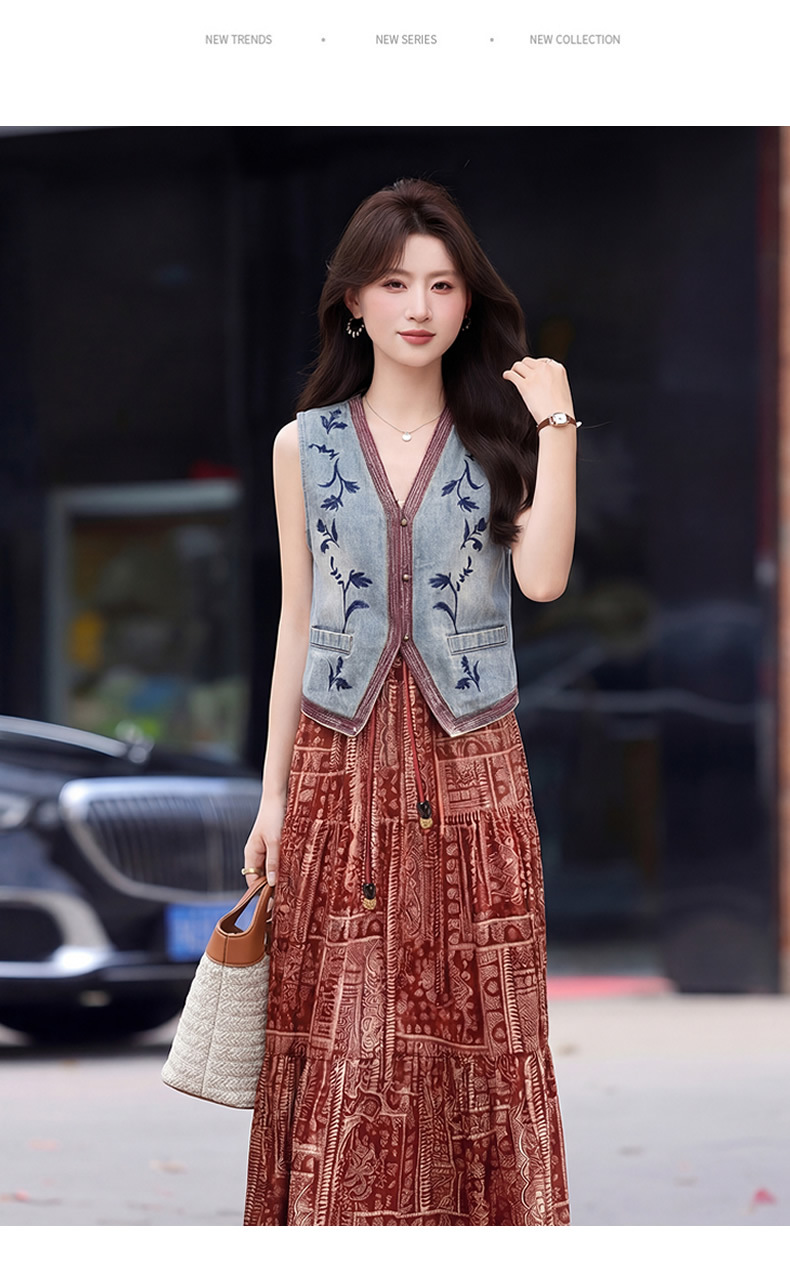 Set áo vest ren và chân váy midi hai mảnh nữ tính họa tiết thêu hoa — màu đỏ chi tiết 20