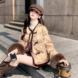 现货！款圆领提花料新中式狐狸毛袖短款女式羽绒服