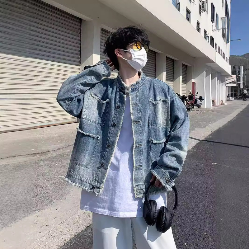 American Retro Raw Edge Denim Jacket Men's Trendy Brand Short Jacket Spring and Autum Design Handsome Casual Jacket Trend
