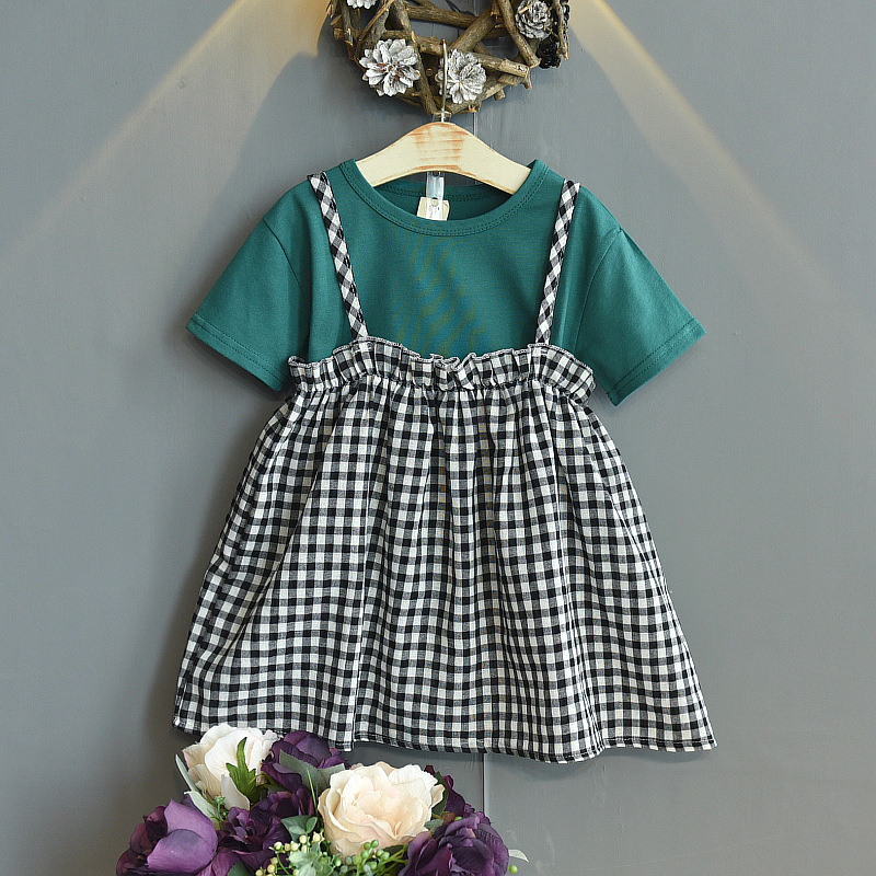 girl summer suit new pattern Korean Edition girl Short sleeved T-shirt lattice Suspender skirt Two piece set Female baby Summer wear