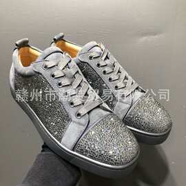 CL andgz红底鞋男鞋雾霾灰牛绒烫钻低帮女鞋水晶钻鞋真皮休闲板鞋