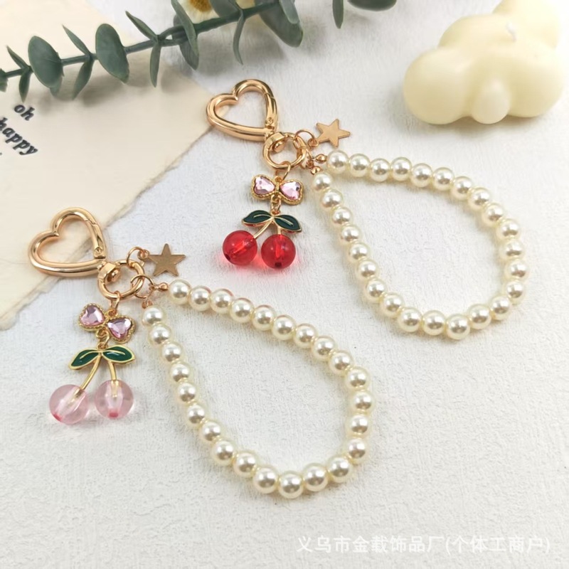 韩版ins珍珠蝴蝶结钥匙扣 少女樱桃树脂精致包包挂件汽车挂饰现货|undefined